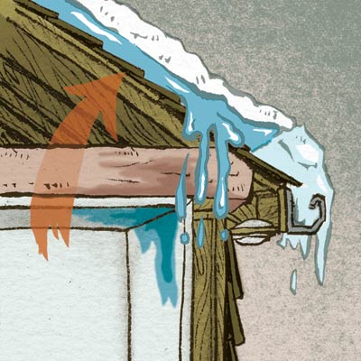 Cartoon image of leak under shingles